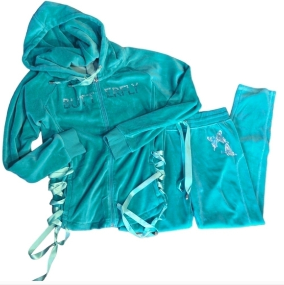 Y2Kturquoise velour track suit lace up corset side details Butterfly Mood sz L